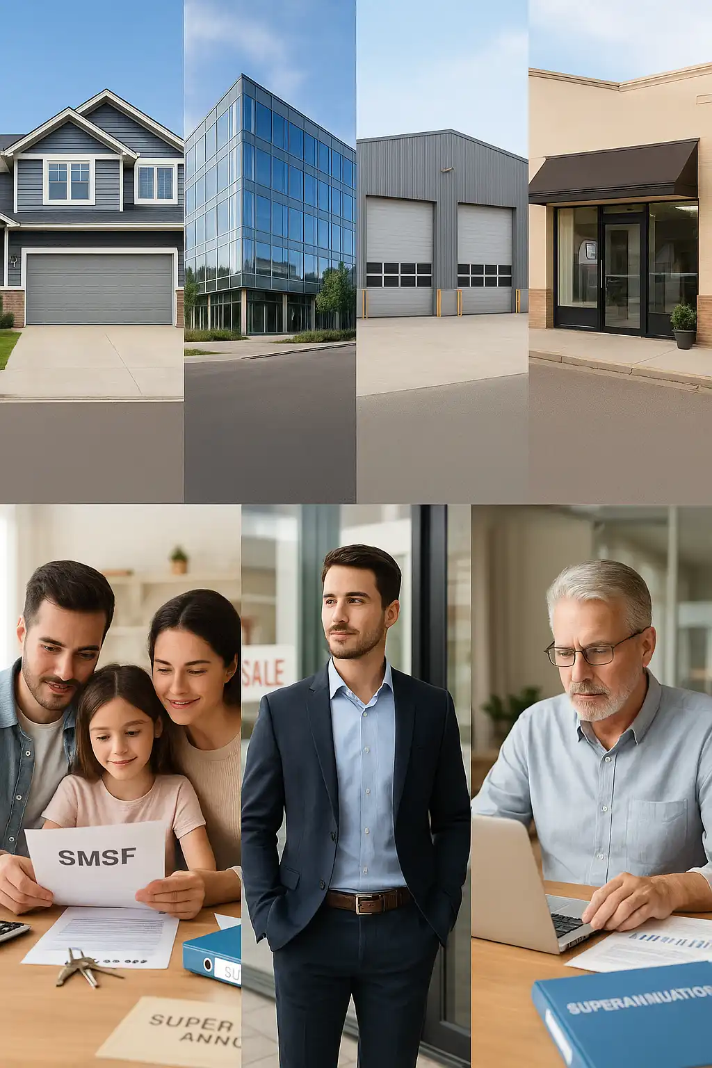 Collage showcasing various property types—residential, commercial, industrial—alongside individuals and families exploring SMSF loans and superannuation options for property investment.
