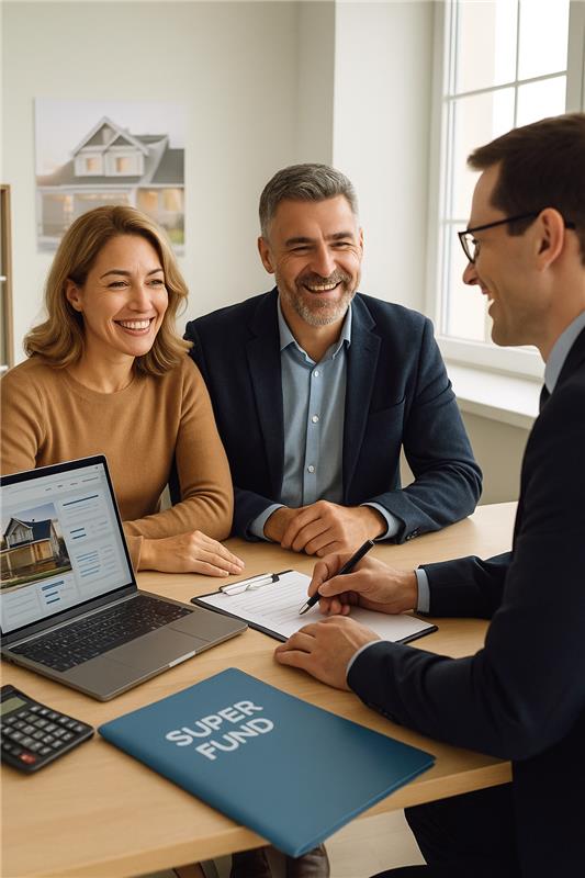 A financial advisor discussing SMSF loans with a smiling couple in an office, with property details on a laptop and a folder labeled "Super Fund" on the table.