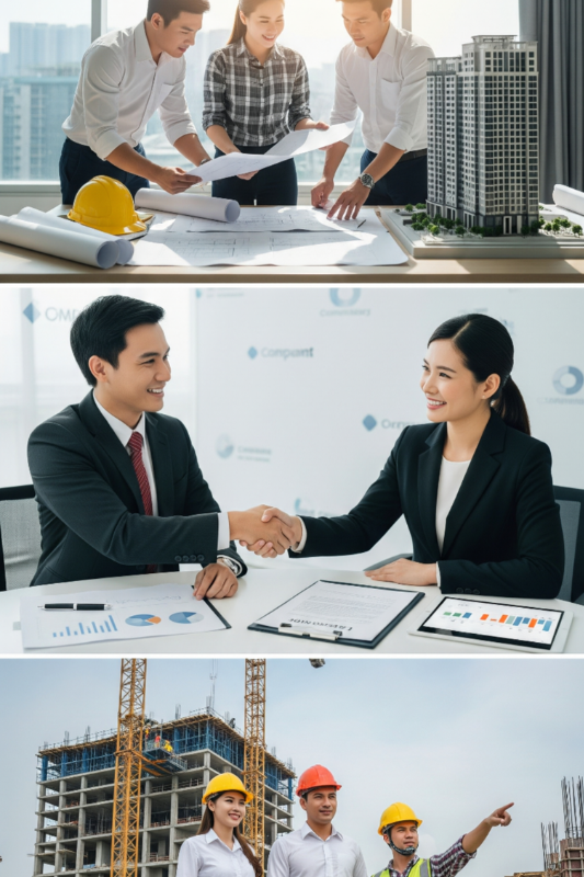 Construction Development Loans in Australia – architects planning, business handshake for loan approval, and builders at construction site.