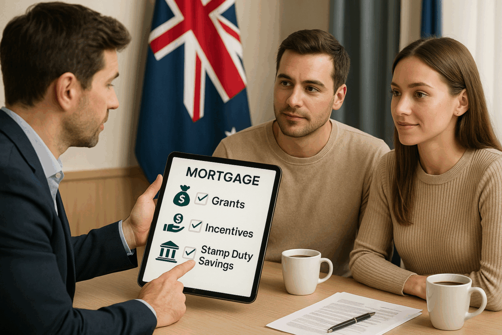 Experienced SMSF loan specialist explaining mortgage grants, incentives, and stamp duty savings to a couple, with an Australian flag in the background.