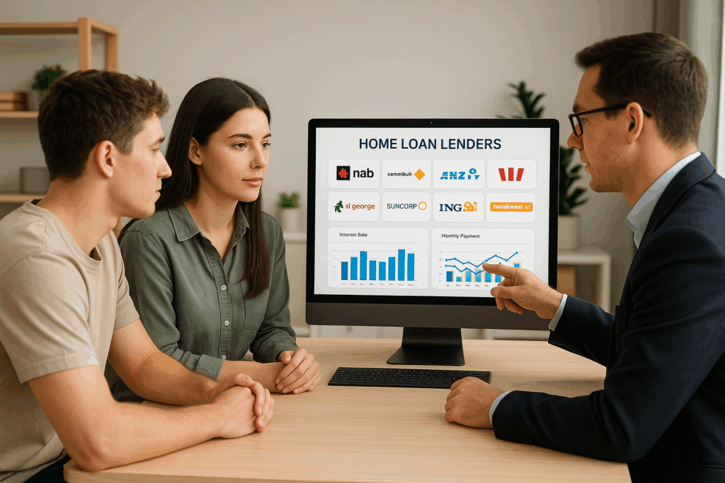 Financial advisor presenting tailored SMSF loan options to a couple, with a screen showing home loan lenders, interest rate comparisons, and payment charts.