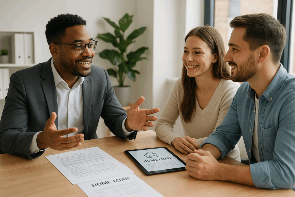 Financial advisor providing end-to-end support for SMSF loans to a young couple, with documents and a digital tablet showing home loan details on the desk.