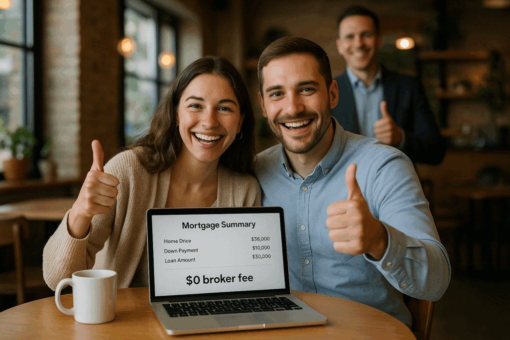 Happy couple celebrating mortgage approval with $0 broker fee, showing a laptop screen with loan summary—supported by a trusted SMSF loan expert in the background.
