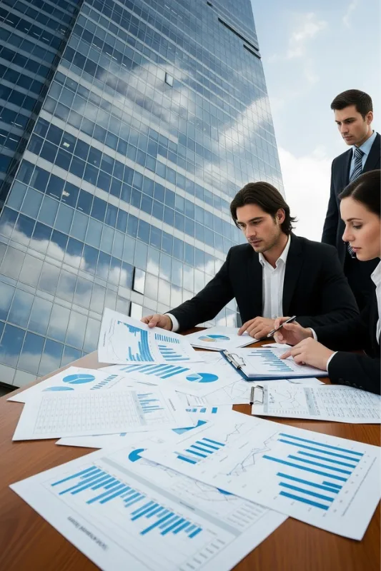 Business professionals analyzing financial charts and reports outdoors near a modern office building – Commercial Property Loans