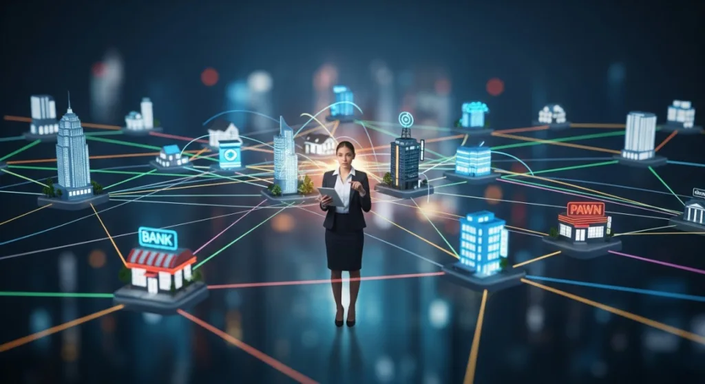 Business professional navigating a digital network of banks and financial institutions, symbolising expert guidance in private lending.