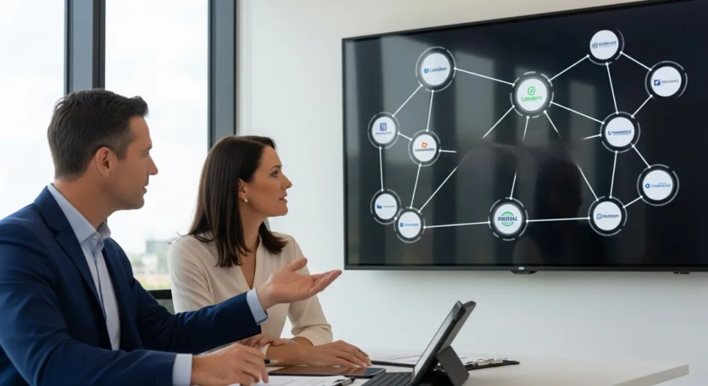 Two professionals in a meeting room reviewing a digital flowchart on a large screen, discussing business strategies and finance options.