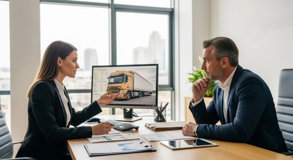 Business professional consulting a client in an office, with a computer screen displaying a transport truck, highlighting sector-specific financial expertise.
