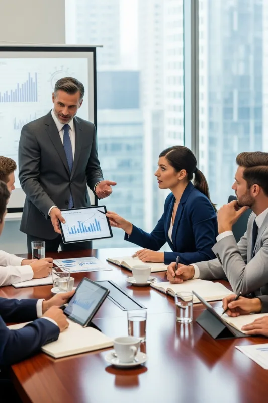 Business professionals in a boardroom meeting reviewing financial charts and investment strategies presented on a tablet and projector screen.