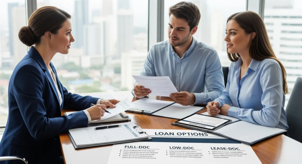 Financial advisor discussing loan options with clients in a modern office, reviewing documents and customised finance plans.