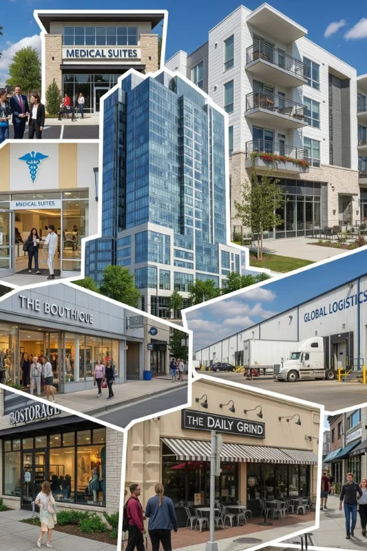 Collage of various commercial properties including office buildings, retail shops, medical suites, cafes, warehouses, and apartments in an urban setting.